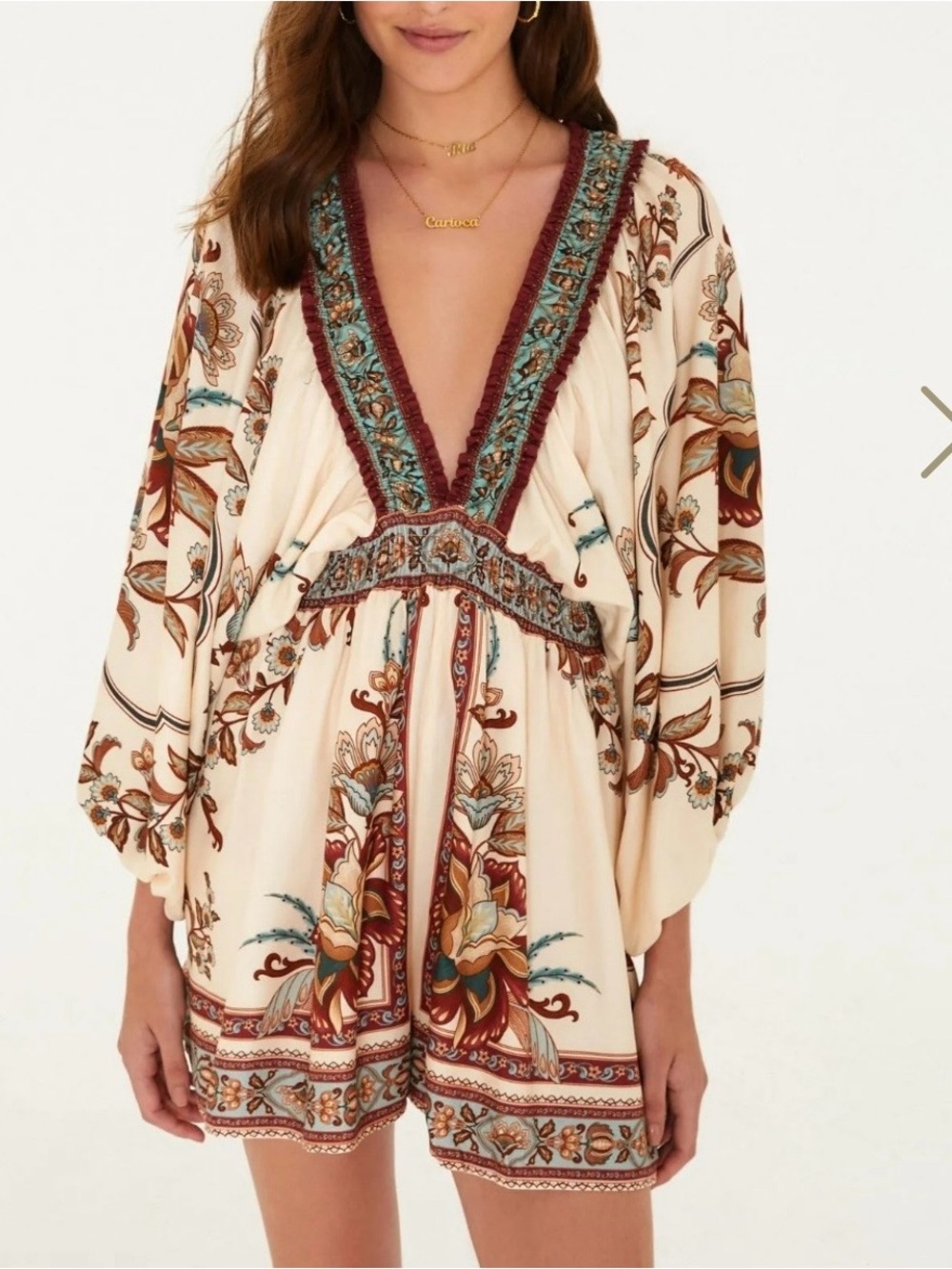 Farm Boho V-Neck Floral Print Mini romper  in Cream